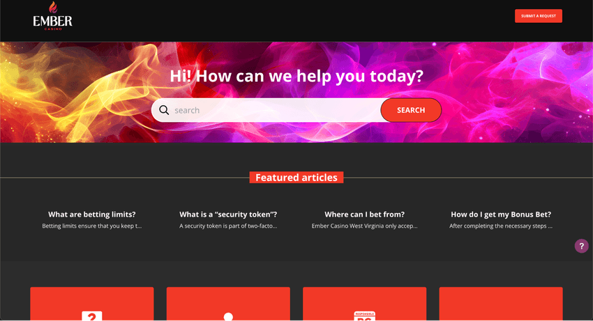 Ember Casino Help Center with searchable FAQ articles and self-service support resources.