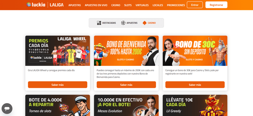 Sección de promociones de Luckia con bonos de bienvenida, premios diarios y torneos de slots.