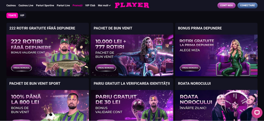 Promoții Player Casino cu 222 de rotiri fără depunere și pachet de bun venit de 10.000 RON plus 777 de rotiri