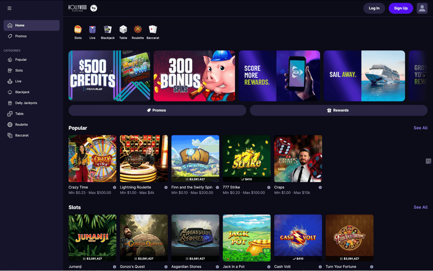 Hollywood Casino Michigan Homepage Hollywood Casino Michigan homepage featuring welcome offers, casino games, and navigation to key platform sections.