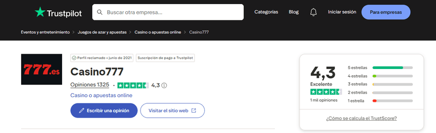 Opiniones de los usuarios de Casino777 en Trustpilot Ficha oficial de reputación e índice de satisfacción del dominio 777.es en el portal de reseñas Trustpilot, reflejando una puntuación global de 4,3 sobre 5 estrellas con la etiqueta de nivel Excelente.