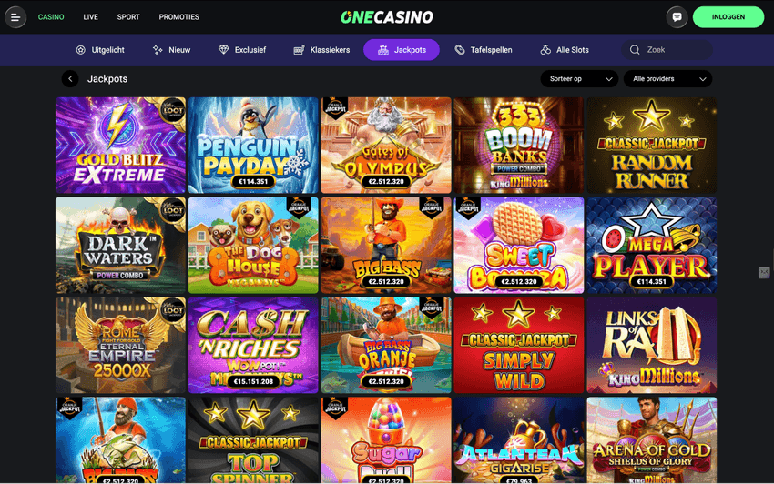 Screenshot van de jackpot games pagina van One Casino met jackpotslots