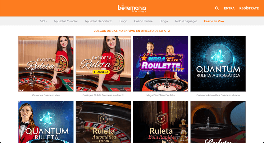 Oferta de ruleta en vivo de Botemanía Catálogo de ruletas en vivo disponibles en Botemanía, incluyendo Mega Fire Blaze y Quantum Roulette.