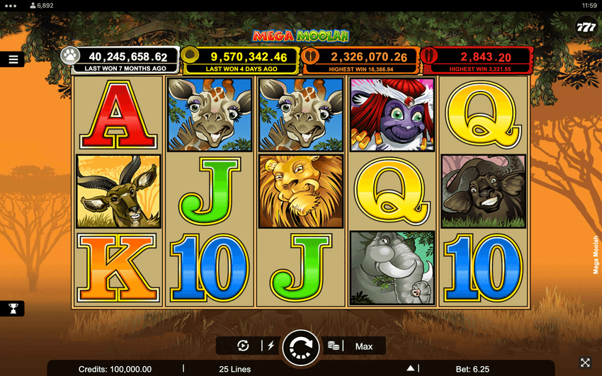 Mega Moolah spilleautomat med progressiv jackpot Mega Moolah spilleautomat med progressiv jackpot og safari-symboler på hjulene