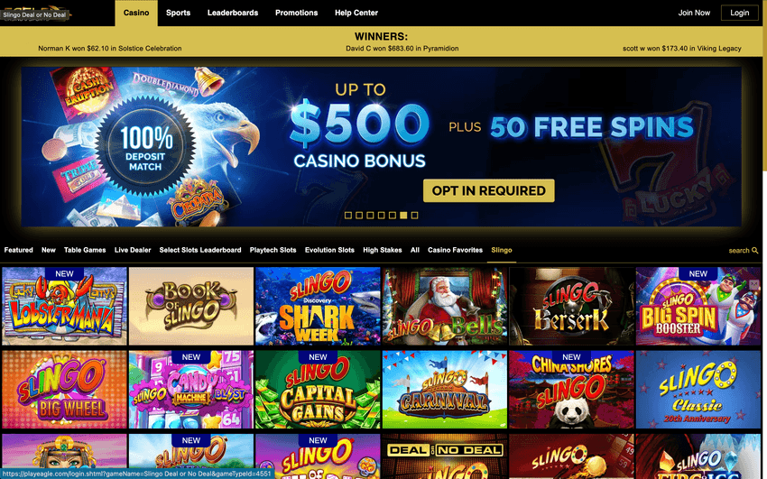 Screenshot of Eagle Casino & Sports slingo games section