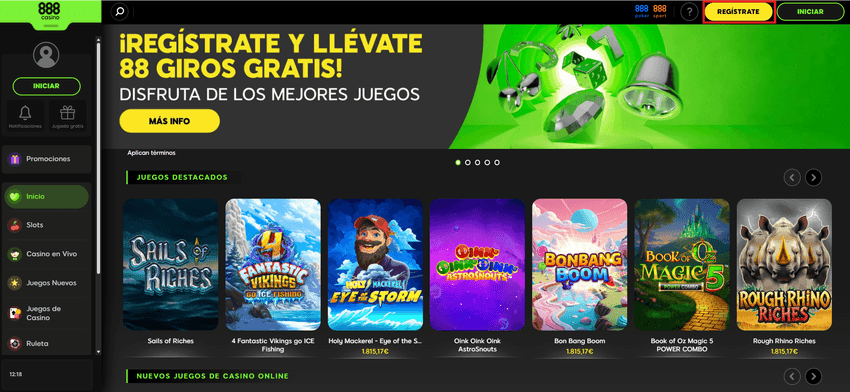 Registro en 888casino España Botón amarillo “Regístrate” en la parte superior derecha de la web de 888casino.