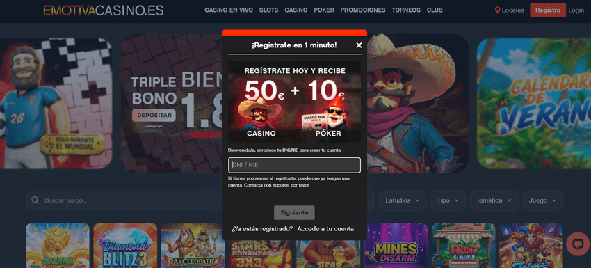 Registro en Emotiva Casino Ventana de registro de Emotiva Casino para crear una cuenta y reclamar las promociones disponibles.