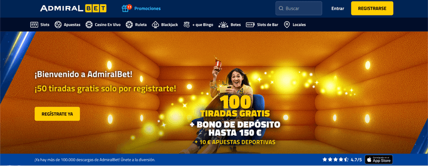 Oferta de bienvenida mostrada en la página principal de AdmiralBet
