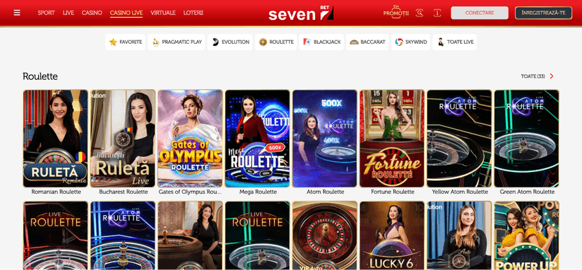 Seven – ruletă live Pagina Seven Casino Live cu mese de ruletă live, inclusiv Romanian Roulette, Bucharest Roulette și Mega Roulette