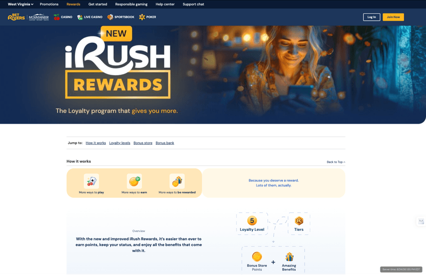 iRush Rewards page at BetRivers Casino West Virginia outlining loyalty benefits, rewards tiers, and earning opportunities.