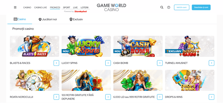 Pagina de promoții Game World Casino cu oferte precum Blasts & Races, Lucky Spins, Cash Bomb și rotiri gratuite fără depunere