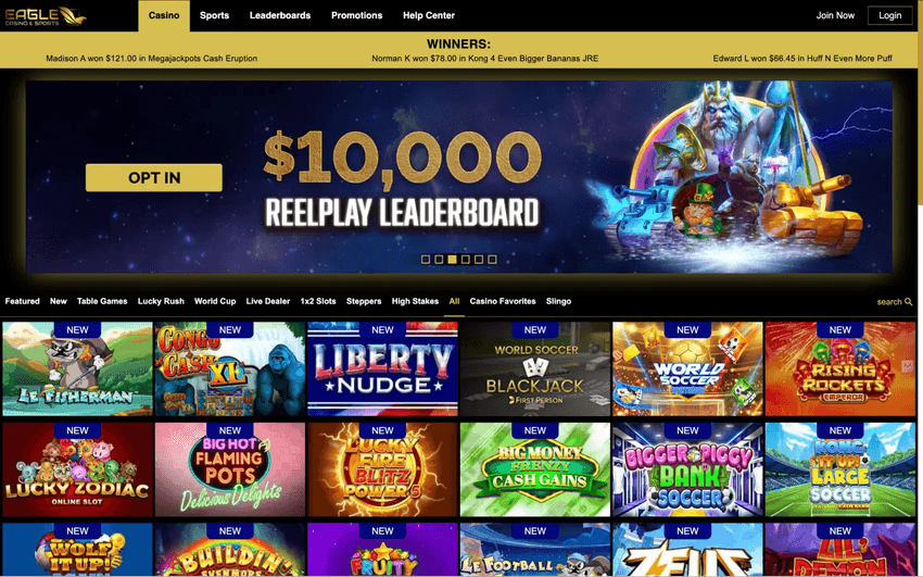 Eagle Casino homepage showing leaderboard promotions and slot games
