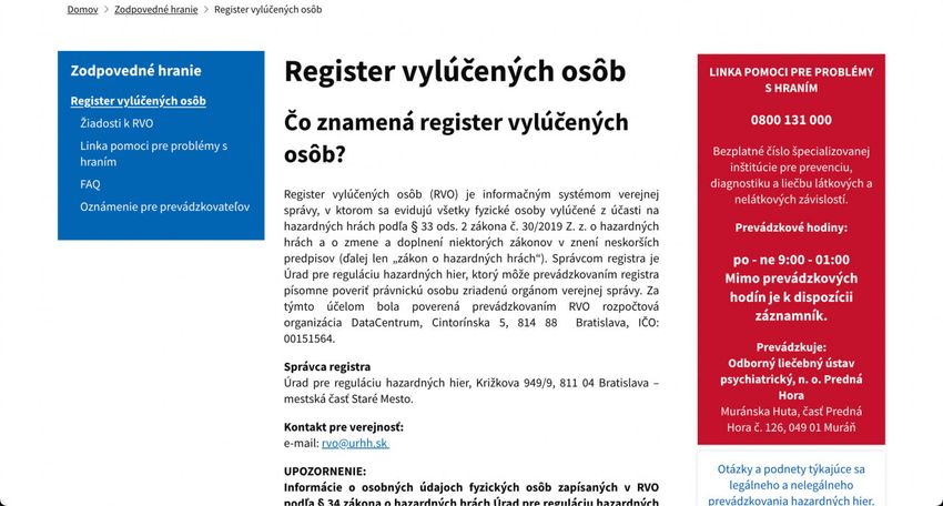 Register vylúčených osôb SR – samovylúčenie z hazardu