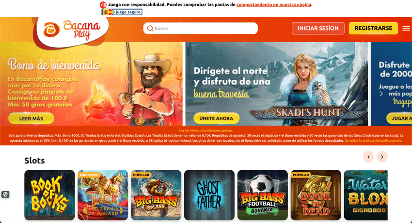 Inicio del casino online BacanaPlay Página de inicio de BacanaPlay mostrando el bono de bienvenida y una selección de tragaperras destacadas.