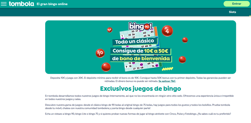 Pantalla de tombola con promoción de bono y acceso a juegos de bingo