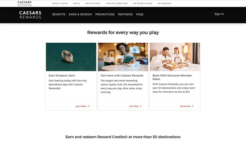 Caesars Rewards page at Caesars Palace Online Casino West Virginia outlining loyalty benefits, tier levels, and reward opportunities.