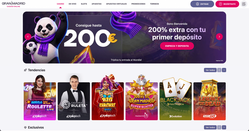 Página de inicio de Gran Madrid Casino con bono de bienvenida y juegos destacados