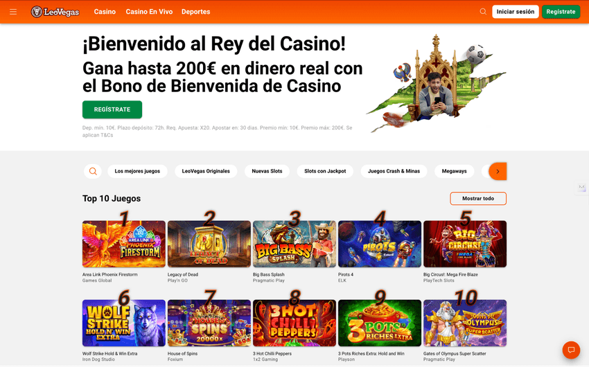 Página principal de LeoVegas con top juegos y categorías de casino