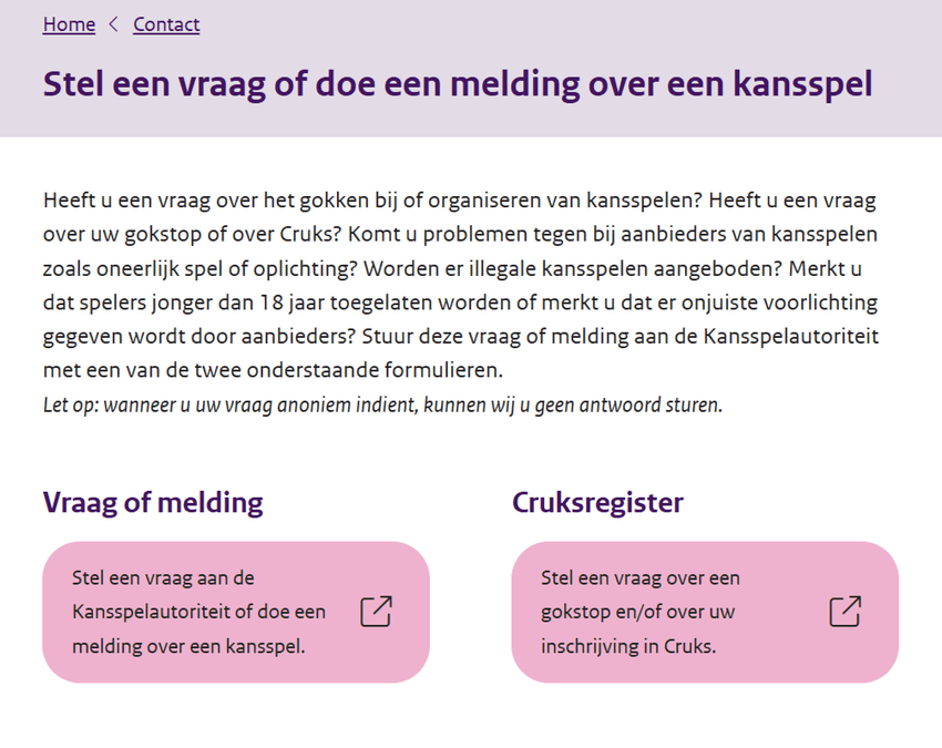 KSA-loket voor vragen en meldingen over kansspelen