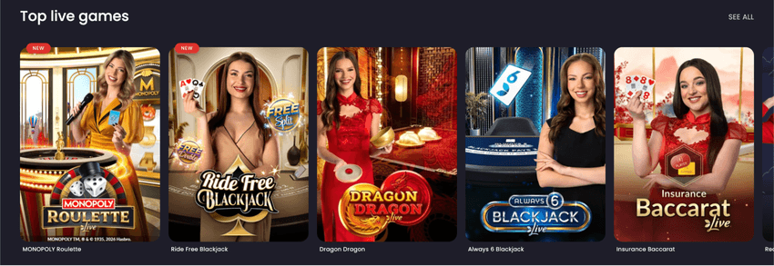 Δημοφιλή live παιχνίδια της Evolution με Monopoly Roulette, Ride Free Blackjack, Dragon Dragon, Always 6 Blackjack και Insurance Baccarat.