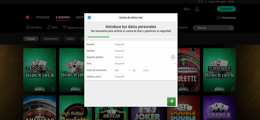 Formulario de verificación de identidad en PokerStars solicitando datos personales.