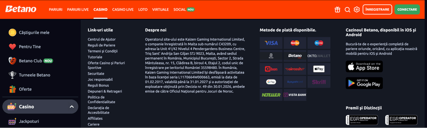 Footer Betano cu metode de plată și informații despre operator
