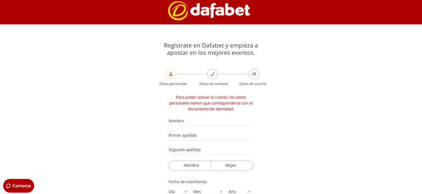 Registro de cuenta en Dafabet Formulario de registro de Dafabet para crear una nueva cuenta de jugador.