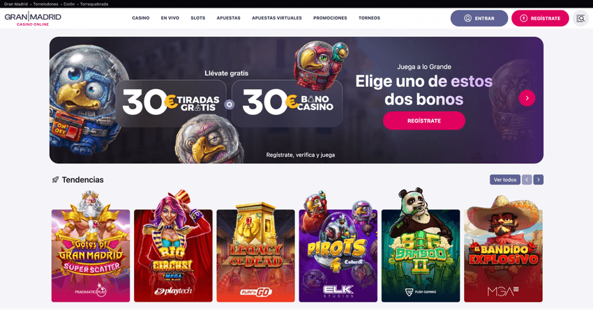 Página principal de Casino Gran Madrid Online – Casino y apuestas deportivas Captura de la página principal de Casino Gran Madrid Online con promociones de bienvenida, acceso a casino online y apuestas deportivas, juegos de slots, casino en vivo y banners destacados con ofertas y eventos.