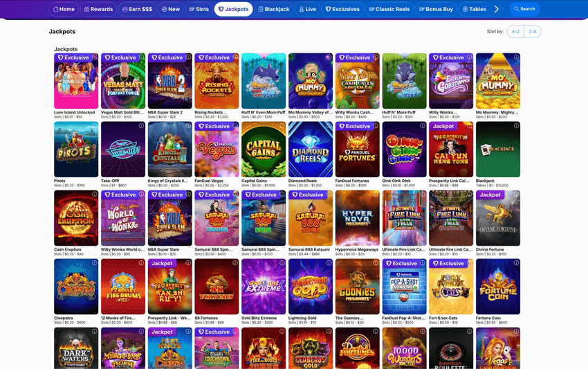 FanDuel Casino West Virginia jackpot games section showcasing progressive slot titles and prize pools.