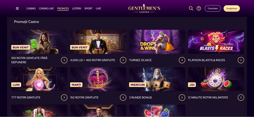 Pagina de promoții GP Casino cu oferte de bun venit, rotiri gratuite și turnee zilnice