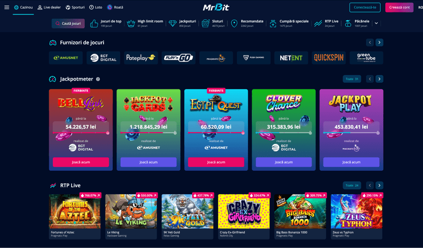Selecția de sloturi și lista de furnizori software de pe platforma Mr Bit Casino online