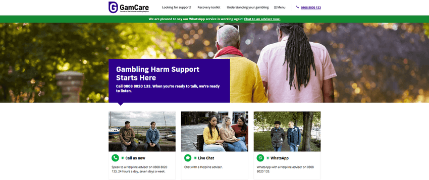 GamCare — Gambling Harm Support GamCare gambling harm support banner with helpline options