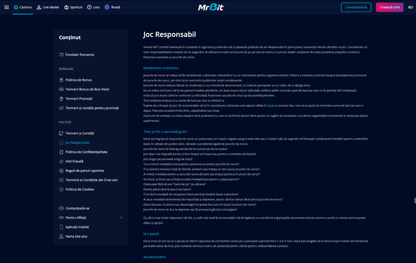 Pagina de joc responsabil Mr Bit, cu limite de depunere, reality checks și autoexcludere