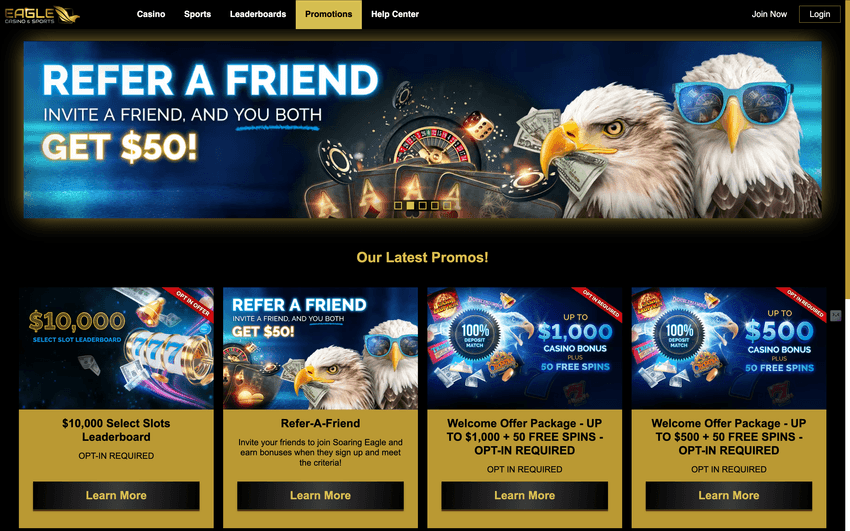 Screenshot of Eagle Casino & Sports Michigan promotions page