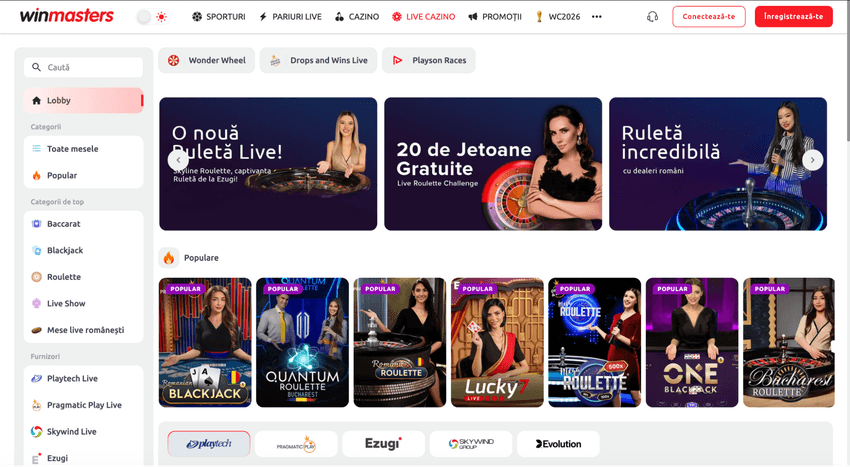 Secțiunea Casino Live cu mese și dealeri în direct la Winmasters.