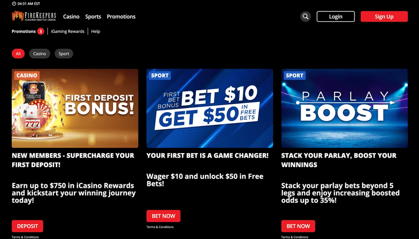 FireKeepers Casino Bonus Offers FireKeepers Casino promotions page displaying welcome bonuses, sports betting offers, and casino rewards.