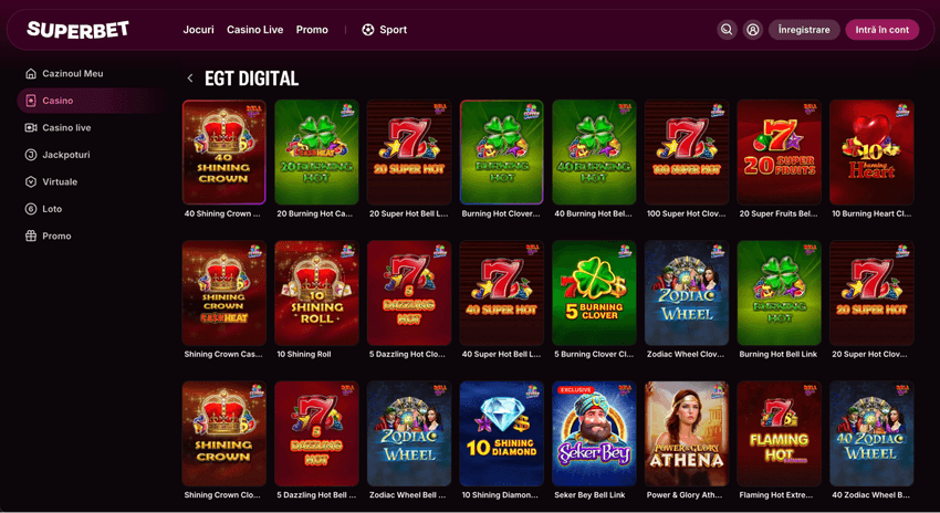 Pagina EGT Digital din Superbet Casino cu sloturi Bell Link și jocuri clasice EGT