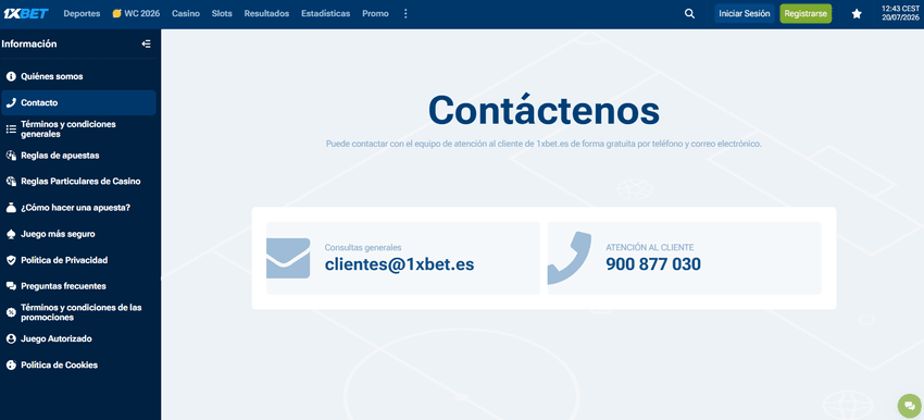 Página de contacto de 1xBet con correo electrónico y teléfono de atención al cliente.