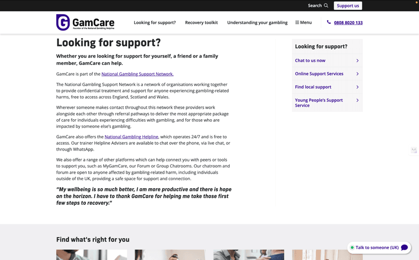 GamCare support webpage with helpline and services