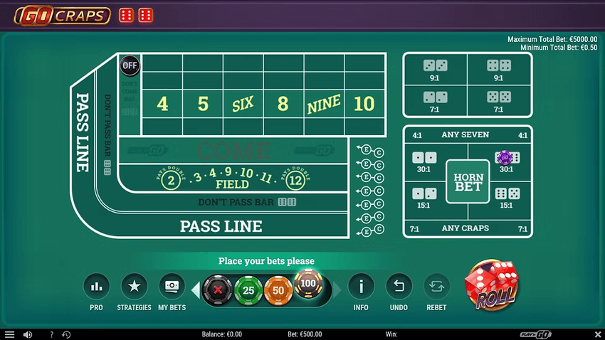 Οθόνη του Go Craps της Play'n GO με τραπέζι πονταρισμάτων, μάρκες και επιλογή ρίψης ζαριών.
