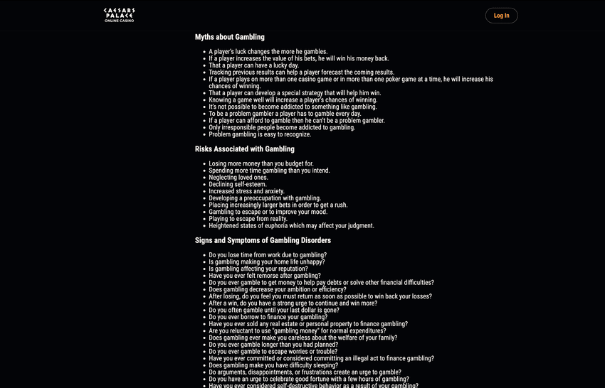 Caesars Palace MI responsible gambling screenshot Screenshot of Caesars Palace Michigan responsible gambling page