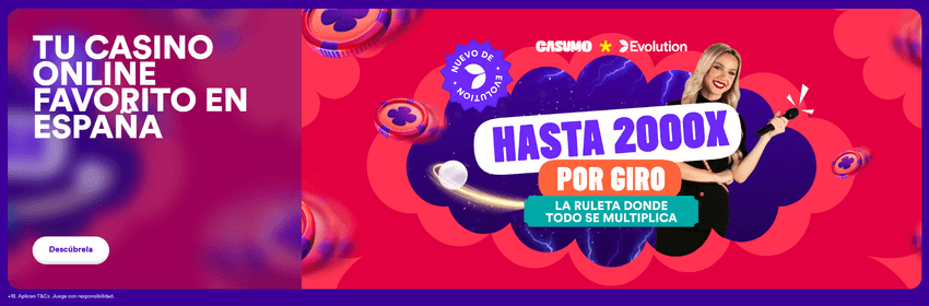 promocion-ruleta-multiplicadores-casumo Banner publicitario horizontal de Casumo y Evolution con el texto "Tu casino online favorito en España" y la promoción de multiplicadores de hasta 2000x por giro en salas de ruleta seleccionadas.