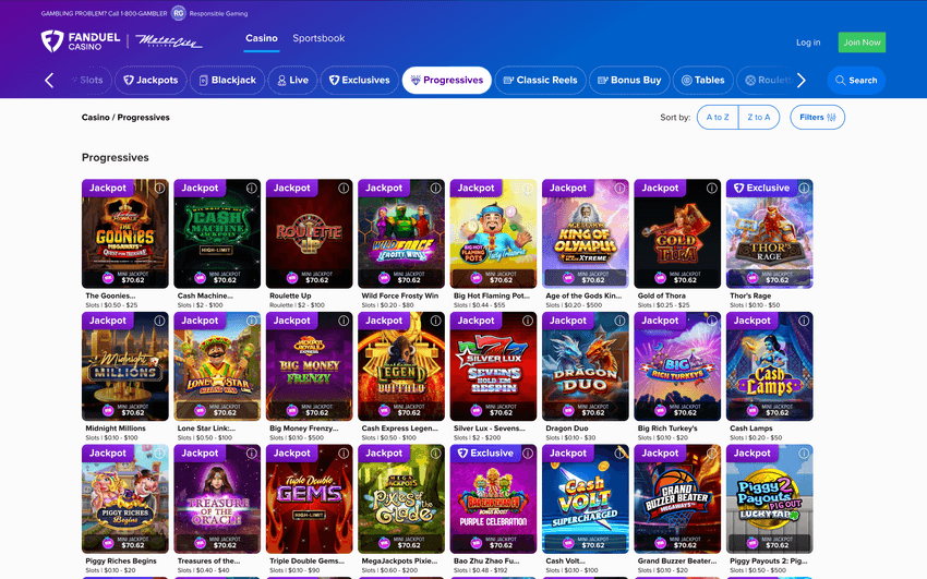 FanDuel MI progressive jackpots screenshot Screenshot of FanDuel Casino Michigan progressive jackpots section