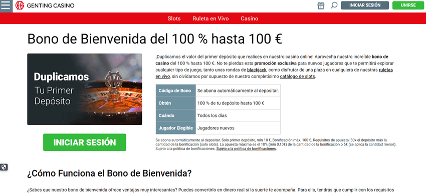 Bono de bienvenida de Genting Casino del 100 % hasta 100 € para nuevos jugadores