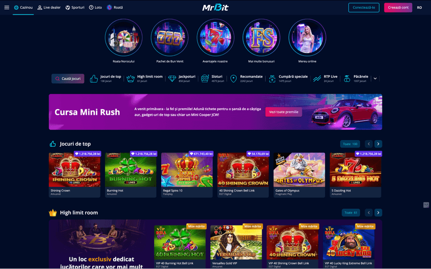 Pagina principală a cazinoului online Mr Bit, cu jocuri de top, jackpoturi și furnizori de software