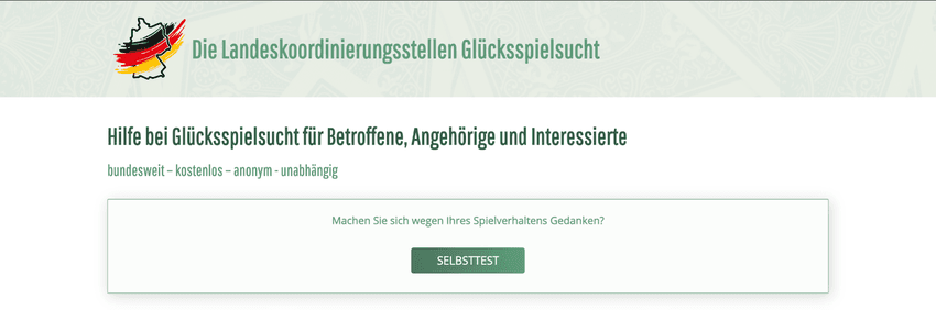 Landeskoordinierungsstellen Glücksspielsucht – Bundesweites Hilfsnetz gegen Spielsucht Banner der Landeskoordinierungsstellen Glücksspielsucht mit Deutschlandkarte und schwarz-rot-gelbem Band – Hinweis auf kostenlose und anonyme Hilfe bei Spielsucht
