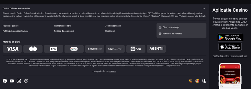 Casa Pariurilor metode de plată și informații legale Footer Casa Pariurilor cu metode de plată și informații legale