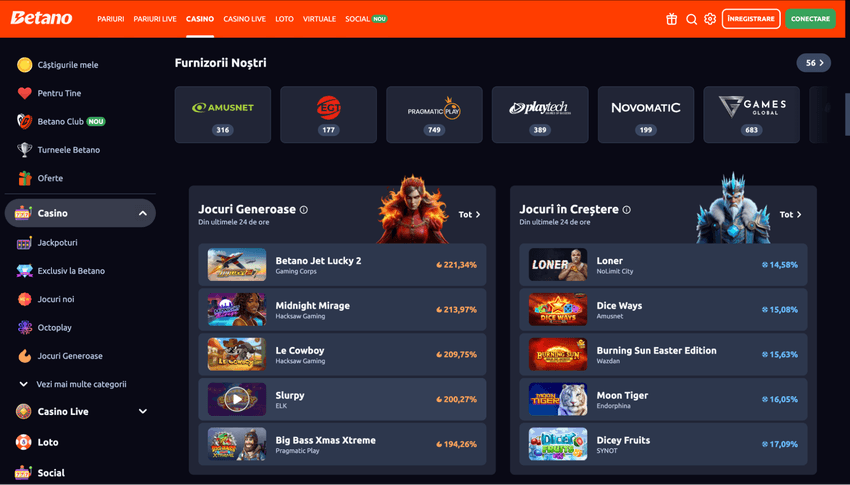 Jocuri și software disponibile la Betano Casino România