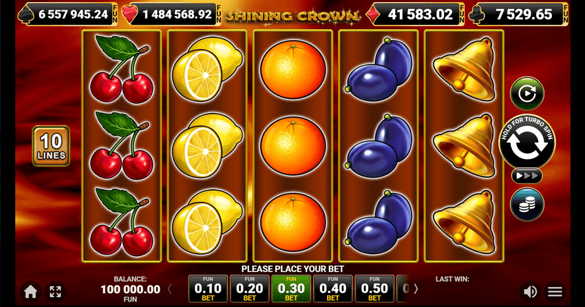 Interfață slot Shining Crown cu simboluri clasice și jackpot progresiv