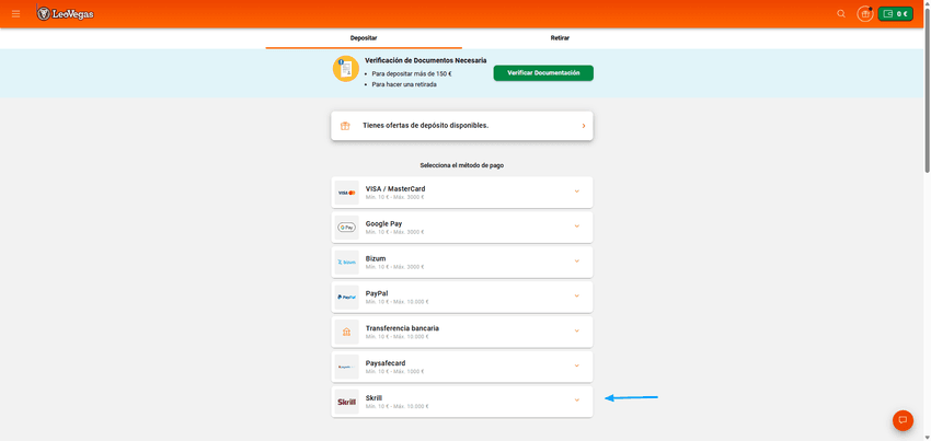 Métodos de pago disponibles en LeoVegas España Captura de la sección de pagos de LeoVegas España mostrando Visa, Mastercard, Google Pay, Bizum, PayPal, transferencia bancaria, Paysafecard y Skrill.